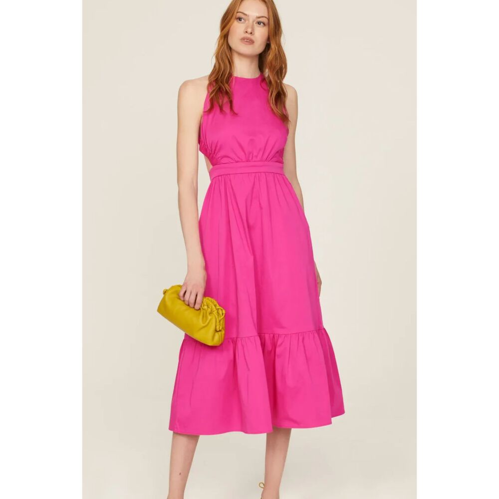 Peter Som Hot Pink Tiered Barbiecore Cross Back Semi Formal Summer Midi Dress 6 - Picture 2 of 15